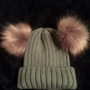 Sage green knit Beanie with faux fur ears